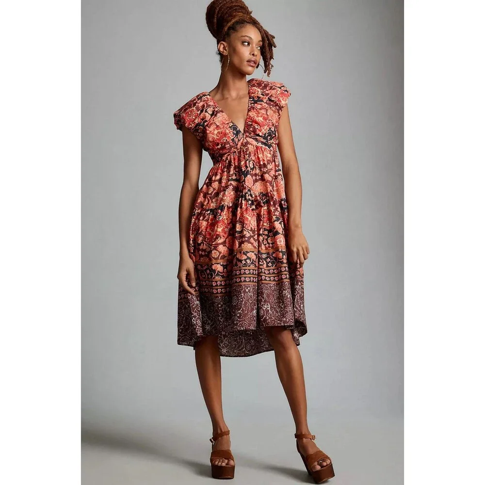 Anthropologie Printed V-Neck Babydoll Dress US 4 NEW